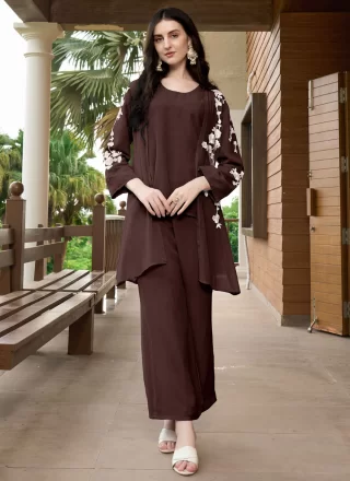 Brown Georgette Party Wear Kurti In Plain for Festival