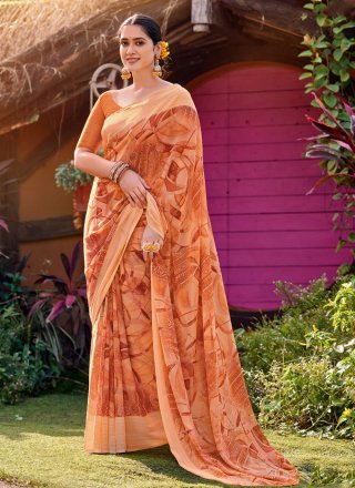 Brown Georgette Print Work Classic Sari for Ceremonial