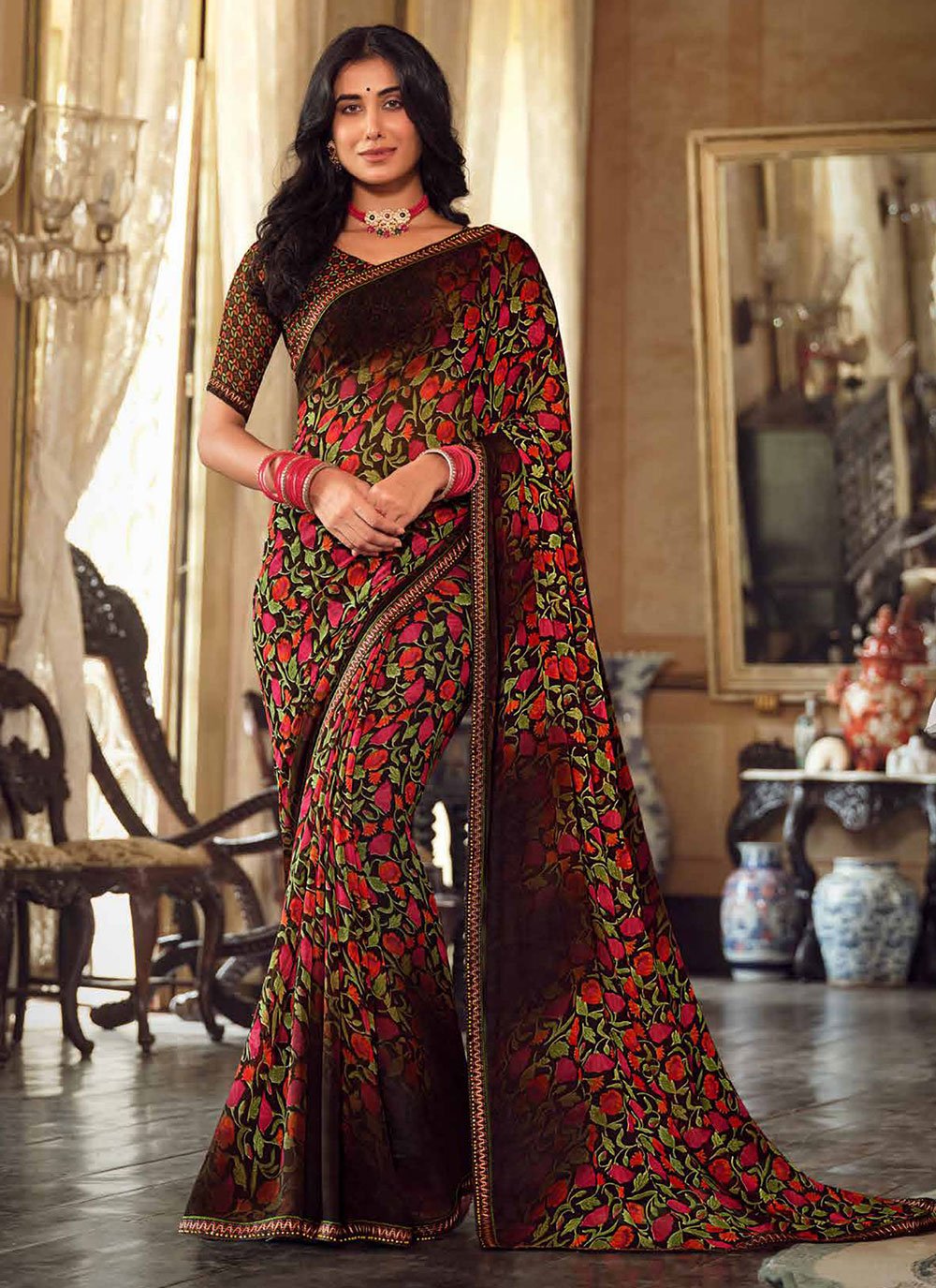 Brown Color Printed Work Lycra Saree Party Wear