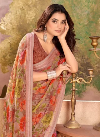 Brown Georgette Traditional Saree