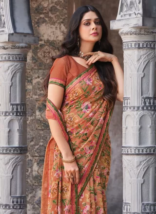 Brown Georgette Trendy Saree with Floral Patch Work
