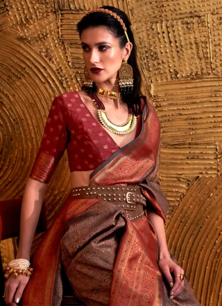 Brown Handloom Silk Classic Sari with Weaving Work