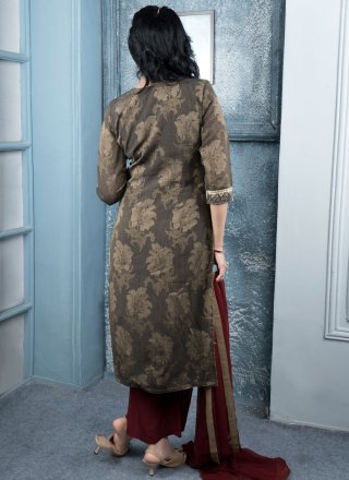 Brown Handloom Silk Readymade Salwar Suit with Embroidered, Sequins and Zari Work for Women