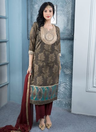 Brown Handloom Silk Readymade Salwar Suit with Embroidered, Sequins and Zari Work for Women