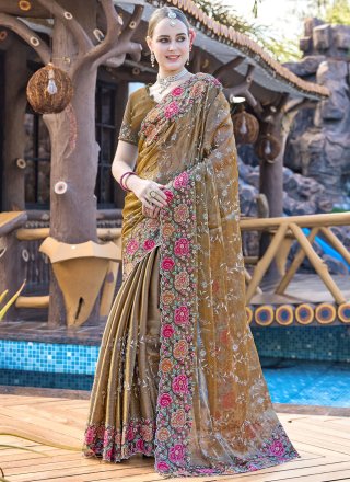 Brown JIMMY CHU Embroidered, Resham and Swarovski Work Trendy Saree for Ceremonial