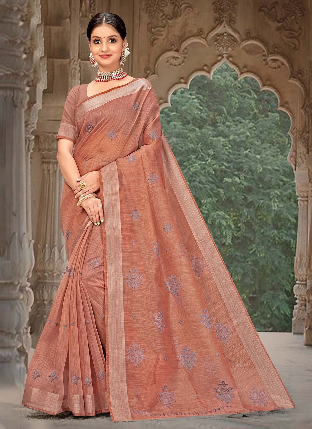 Brown Embroidery Work Linen Saree