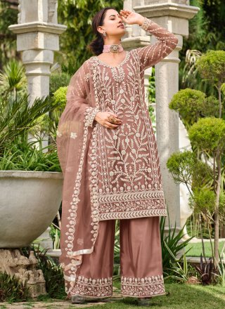 Brown Net Cord, Embroidered and Stone Work Salwar Suit