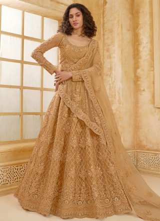 Brown Net Cord, Stone and Thread Work Lehenga Choli for Engagement