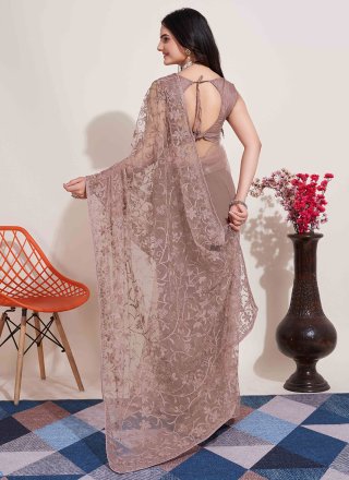 Brown Net Embroidered and Resham Work Classic Sari