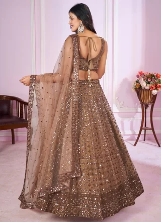 Brown Net Embroidered, Sequins and Thread Work Lehenga Choli for Engagement