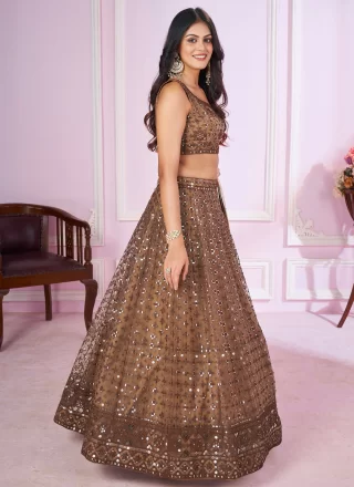 Brown Net Embroidered, Sequins and Thread Work Lehenga Choli for Engagement