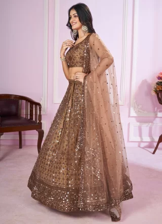 Brown Net Embroidered, Sequins and Thread Work Lehenga Choli for Engagement