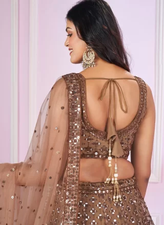 Brown Net Embroidered, Sequins and Thread Work Lehenga Choli for Engagement