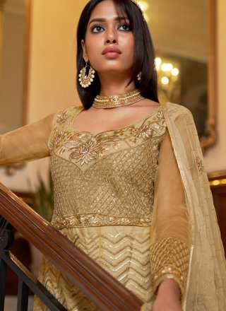 Brown Net Embroidered, Sequins and Thread Work Salwar Suit for Ceremonial