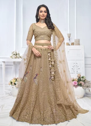 Brown Net Embroidered, Stone and Zari Work A - Line Lehenga Choli