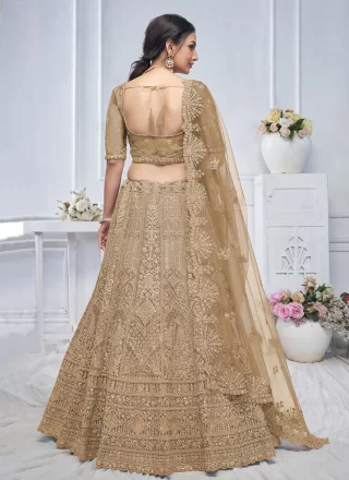 Brown Net Lehenga Choli with Embroidered, Sequins and Thread Work