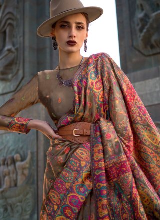 Brown Organza Classic Sari with Weaving Work