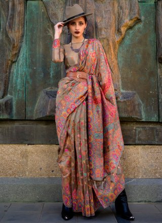 Brown Organza Classic Sari with Weaving Work