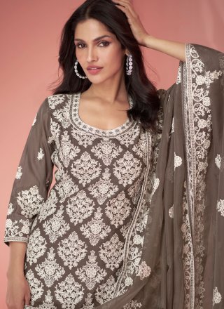 Brown Organza Palazzo Salwar Suit with Embroidered Work for Women