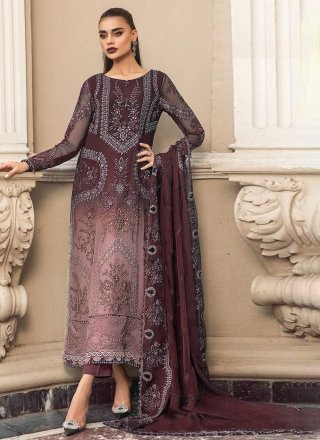 Brown Organza Salwar Suit with Embroidered Work for Women