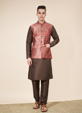 Brown Pure Silk Jacquard and Plain Work Kurta Payjama with Jacket