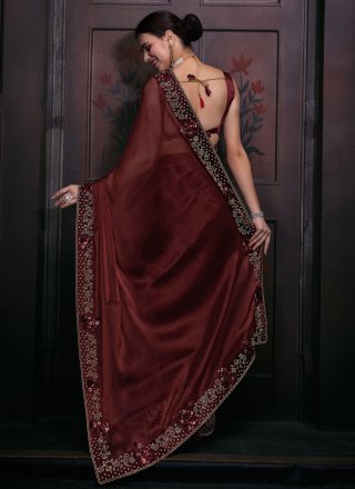 Brown Satin Diamond, Embroidered, Sequins and Zircon Work Trendy Saree for Ceremonial