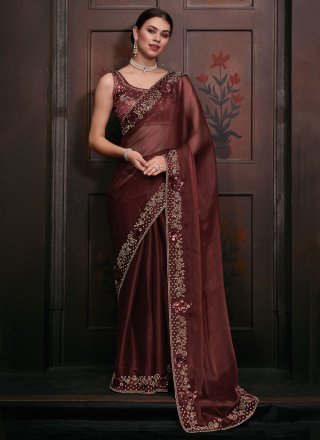 Brown Satin Diamond, Embroidered, Sequins and Zircon Work Trendy Saree for Ceremonial