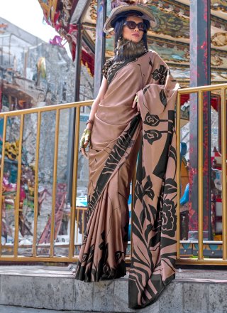 Brown Satin Print Work Trendy Saree for Casual