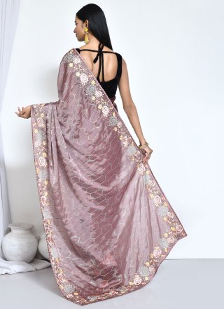 Brown Satin Silk Contemporary Sari with Embroidered and Sequins Work for Women