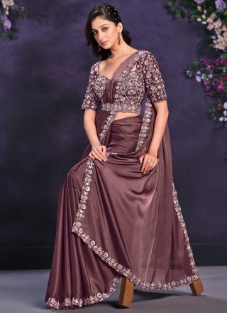 Brown Satin Silk Contemporary Sari with Moti, Sequins and Thread Work for Women
