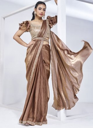 Brown Satin Silk Cord, Hand and Khatli Work Trendy Saree