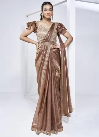 Brown Satin Silk Cord, Hand and Khatli Work Trendy Saree