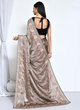 Brown Satin Silk Embroidered, Sequins and Stone Work Trendy Saree