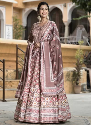 Brown Silk  Designer Gown with Digital Print Work