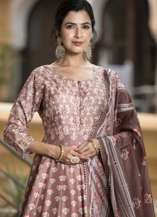 Brown Silk  Designer Gown with Digital Print Work