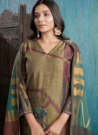 Brown Silk Digital Print, Embroidered and Sequins Work Salwar Suit