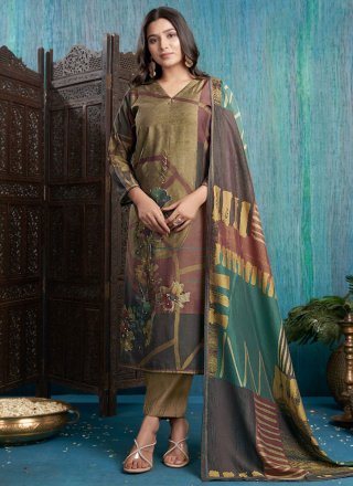 Brown Silk Digital Print, Embroidered and Sequins Work Salwar Suit