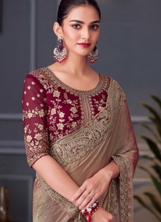 Brown Silk Embroidered Work Contemporary Saree