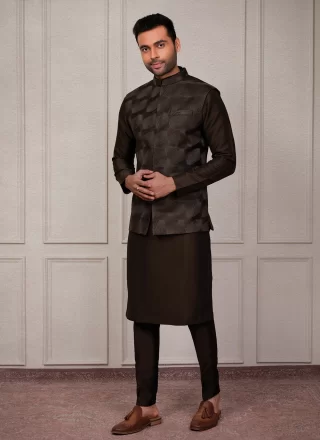 Brown Silk Embroidered Work Kurta Payjama with Jacket for Ceremonial