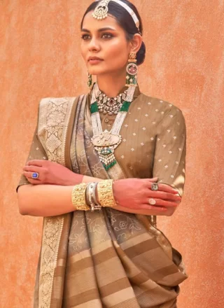 Brown Silk Foil Print Work Traditional Saree for Women