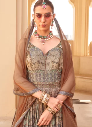Brown Silk Gown with Foil Print Work