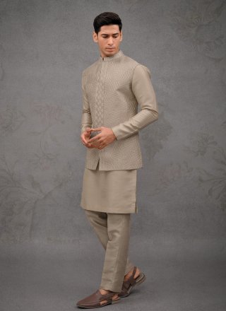 Brown Silk Kurta Payjama with Jacket with Embroidered Work