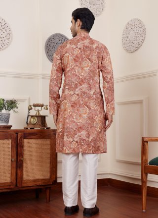 Brown Silk Print Work Kurta Pyjama
