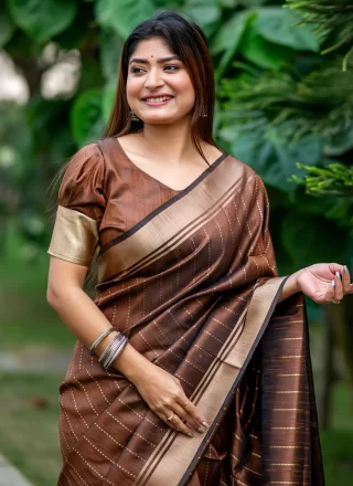 Brown Tussar Silk Contemporary Saree with Woven Work for Women