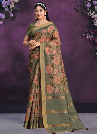Brown Tussar Silk Embroidered Work Classic Sari for Women