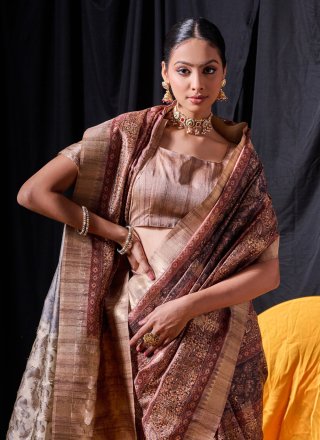 Brown Tussar Silk Trendy Saree