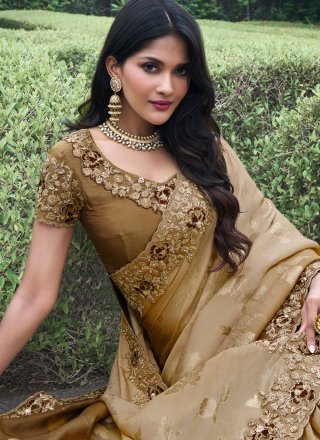 Brown Viscose Embroidered, Resham, Sequins, Stone and Zari Work Contemporary Sari for Women