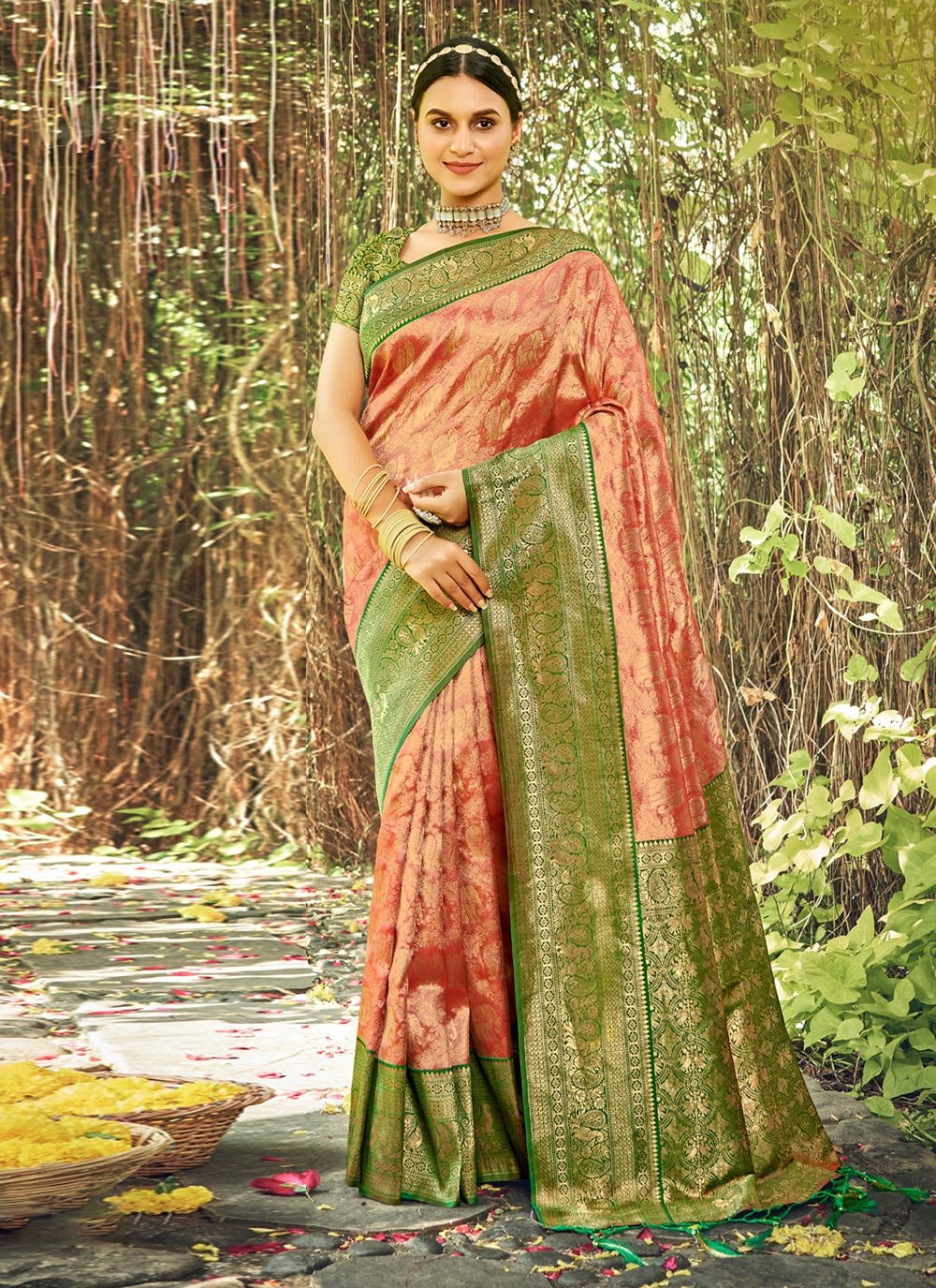 Rangoon Green Dola Silk Saree With Golden Blouse | Kolour