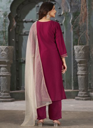 Burgundy Art Silk Pant Style Suit with Lace Work for Women
