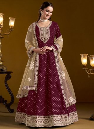 Burgundy Chanderi Embroidered Work Salwar Suit for Women